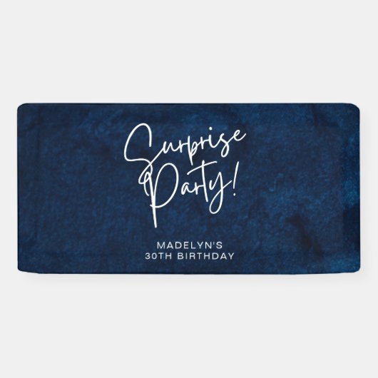 Surprise Birthday Party Navy Blue Waterverf Spandoek (Horizontaal)