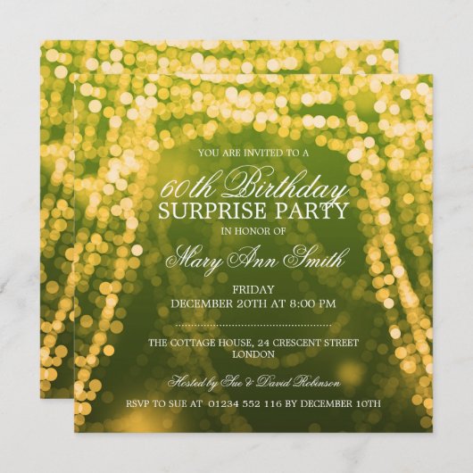 Surprise Birthday Party String Lights Gold Kaart (Voorkant / Achterkant)