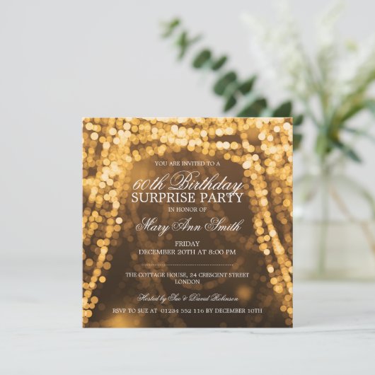 Surprise Birthday Party String Lights Gold Kaart (Staand voorkant)