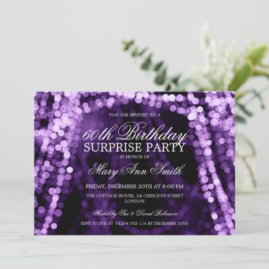 Surprise Birthday Party String Lights Paars Kaart (Staand voorkant)
