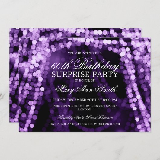 Surprise Birthday Party String Lights Paars Kaart (Voorkant / Achterkant)