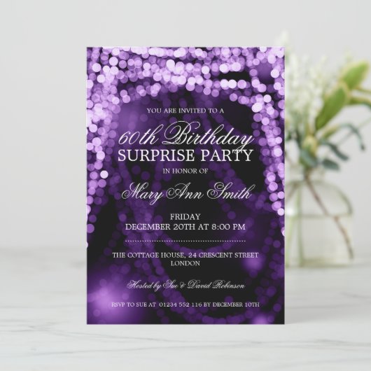 Surprise Birthday Party String Lights Paars Kaart (Staand voorkant)
