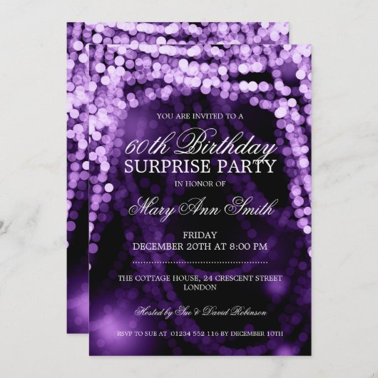 Surprise Birthday Party String Lights Paars Kaart (Voorkant / Achterkant)