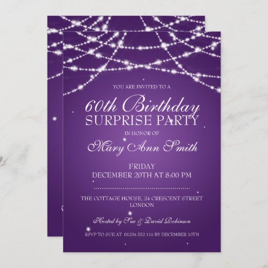 Surprise Birthday Party String of Stars Paars Kaart (Voorkant / Achterkant)