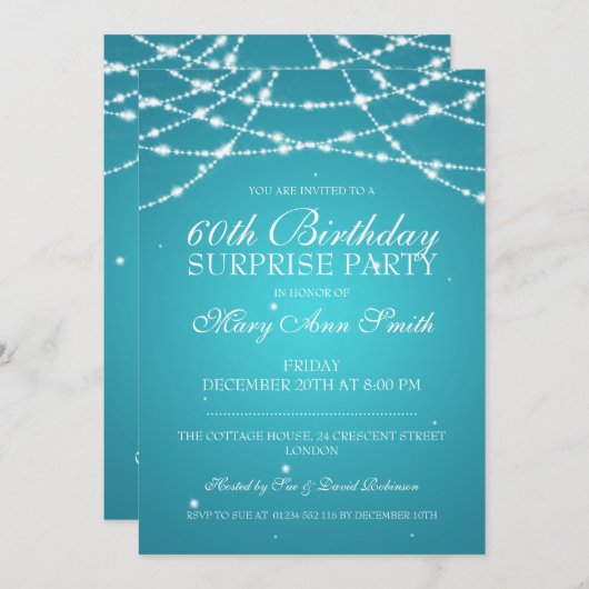 Surprise Birthday Party String of Stars Turquoise Kaart (Voorkant / Achterkant)