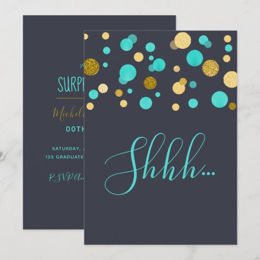 Surprise Birthday Party turquoise and gold glitter Kaart (Voorkant / Achterkant)