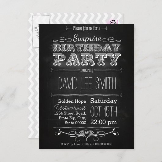 Surprise Birthday Party Uitnodiging Briefkaart (Voorkant / Achterkant)