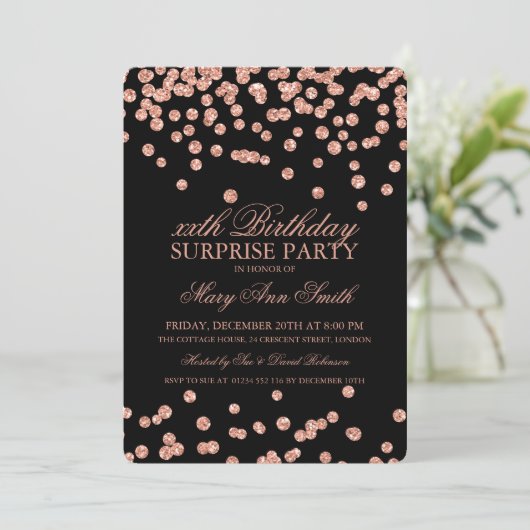 Surprise Birthday Roos Gold Glitter Confetti Kaart (Staand voorkant)