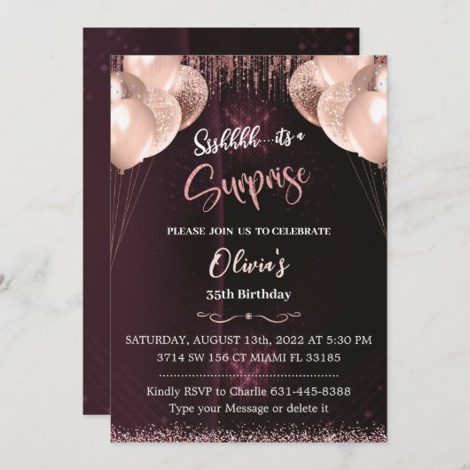 Surprise Birthday Roos Gold Invitation for Adults Kaart (Voorkant / Achterkant)