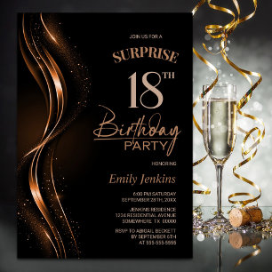Surprise Black Orange 18th Birthday Party Kaart