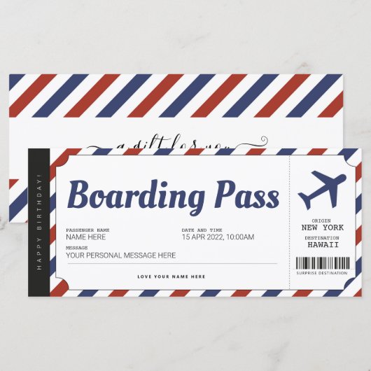 Surprise Boarding Pass Airplane Gift Ticket (Voorkant / Achterkant)