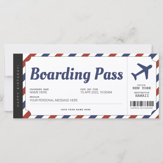 Surprise Boarding Pass Airplane Gift Ticket (Voorkant)