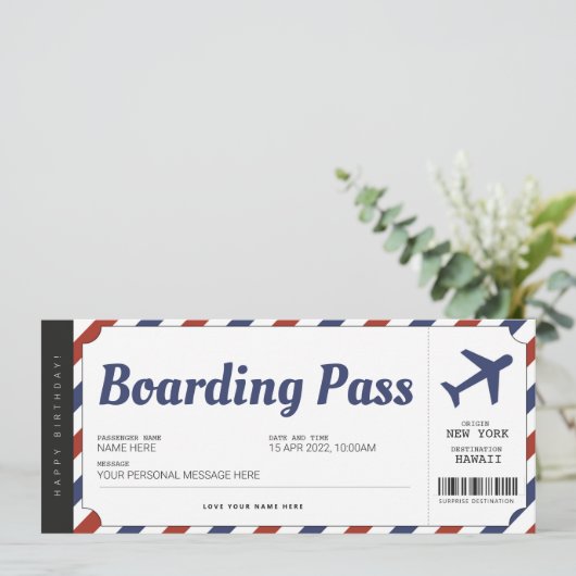 Surprise Boarding Pass Airplane Gift Ticket Kaart (Staand voorkant)