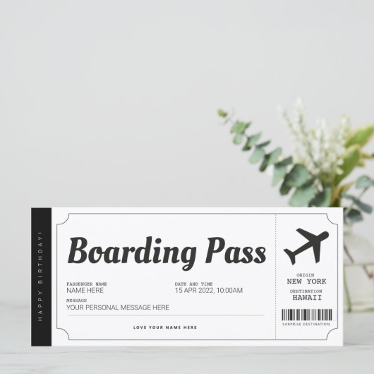 Surprise boarding Pass Airplane Travel Ticket (Staand voorkant)