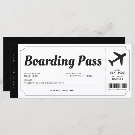 Surprise boarding Pass Airplane Travel Ticket (Voorkant / Achterkant)