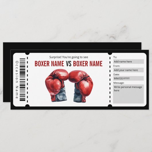 Surprise Boxing Match Ticket Cadeaubon Kaart (Voorkant / Achterkant)