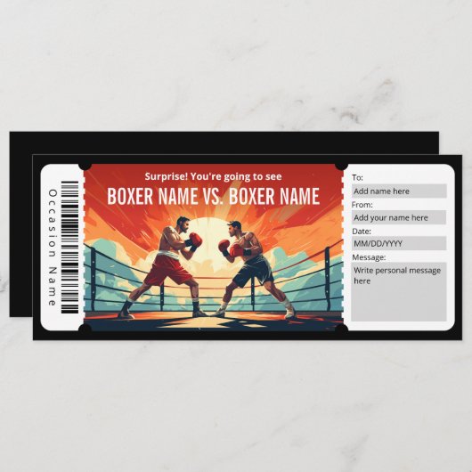 Surprise Boxing Match Ticket Cadeaubon Kaart (Voorkant / Achterkant)