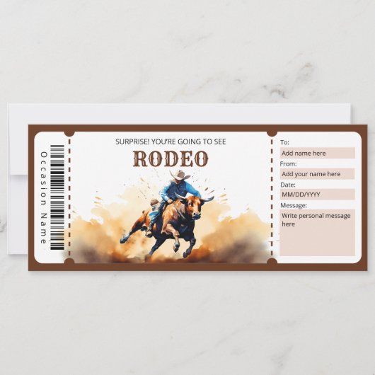 Surprise Bull Rodeo Ticket Cadeaubon Kaart (Voorkant)