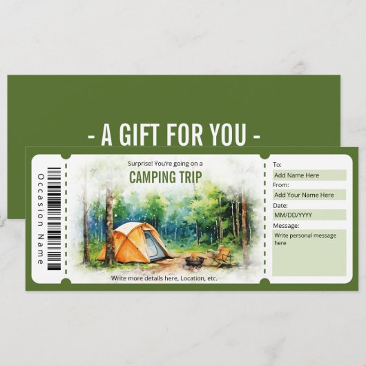 Surprise Camping Trip Ticket Sjabloon Kaart (Voorkant / Achterkant)