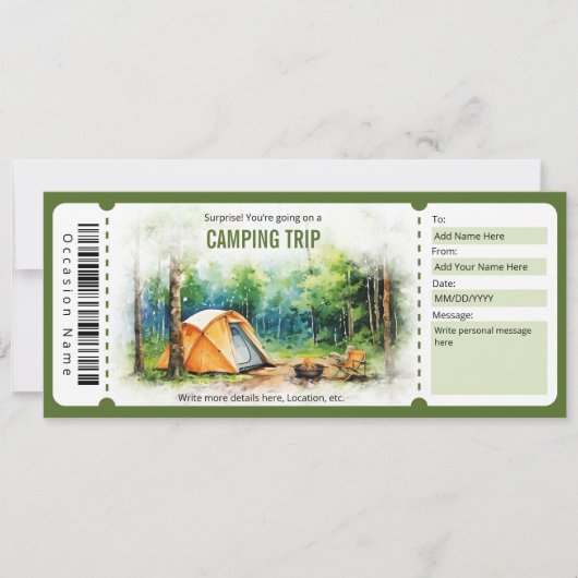 Surprise Camping Trip Ticket Sjabloon Kaart (Voorkant)