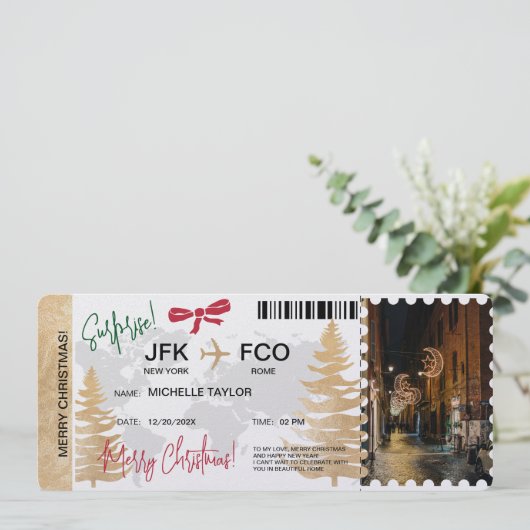 Surprise Christmas Boarding Pass Trip Ticket Kaart (Staand voorkant)