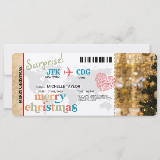 Surprise Christmas Boarding Pass Trip Ticket Kaart (Voorkant)