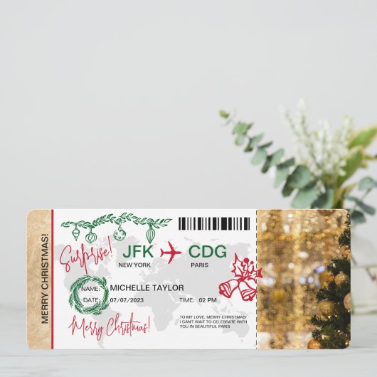 Surprise Christmas Boarding Pass Trip Ticket Kaart (Staand voorkant)