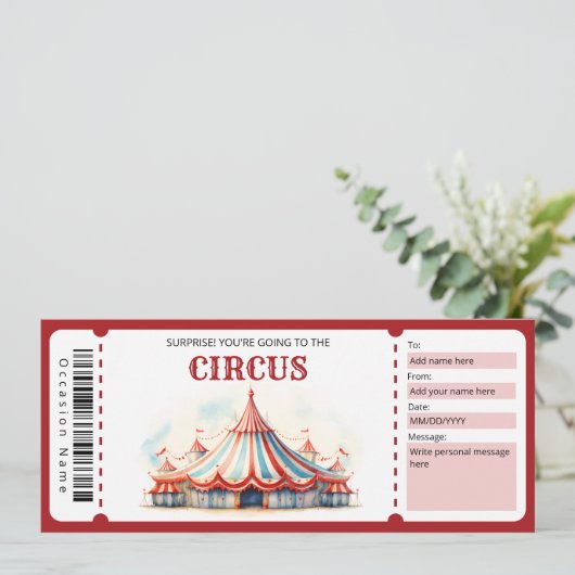 Surprise Circus Ticket Cadeaubon Kaart (Staand voorkant)
