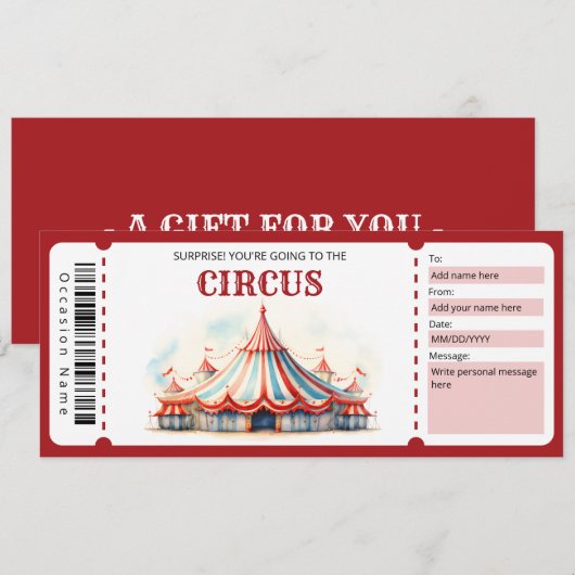 Surprise Circus Ticket Cadeaubon Kaart (Voorkant / Achterkant)