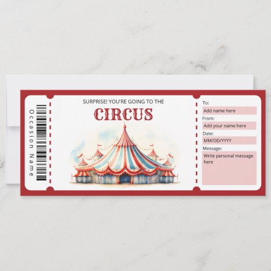Surprise Circus Ticket Cadeaubon Kaart (Voorkant)