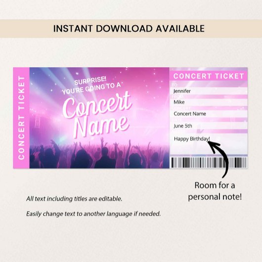 Surprise Concert Gift Ticket Music Reveal Card Kaart