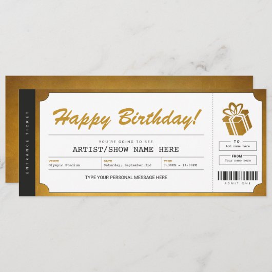 Surprise Concert Gouden Cadeauticket Uitnodiging (Voorkant / Achterkant)