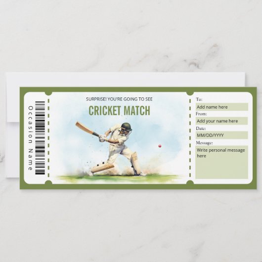 Surprise Cricket Match Ticket Cadeaubon Kaart (Voorkant)
