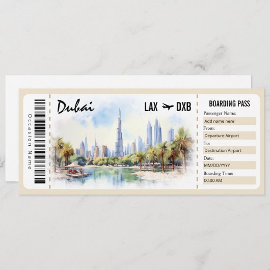 Surprise Dubai Boarding Pass Cadeaubon Kaart (Voorkant / Achterkant)