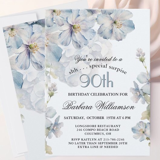 SURPRISE Elegant Blue Floral 90th Birthday Kaart