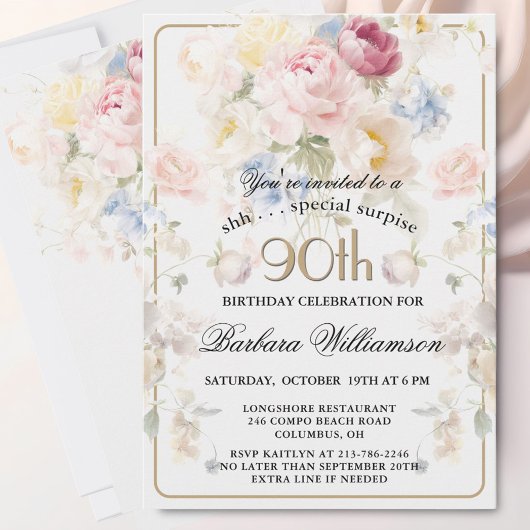SURPRISE Elegant Painted Floral 90th Birthday  Kaart