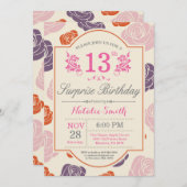 Surprise Floral 13th Birthday Invitation roze Rose Kaart (Voorkant / Achterkant)
