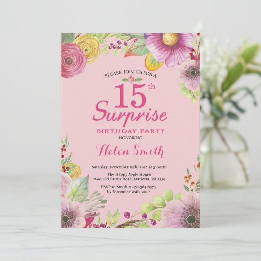 Surprise Floral 15e verjaardag uitnodiging voor vr (Staand voorkant)