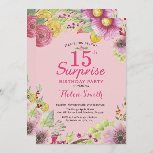 Surprise Floral 15e verjaardag uitnodiging voor vr (Voorkant / Achterkant)