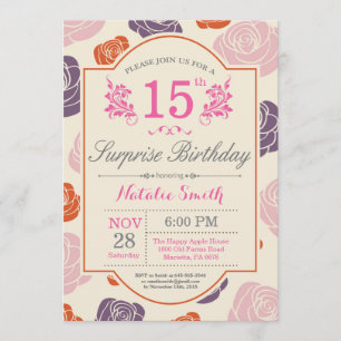 Surprise Floral 15th Birthday Invitation roze Rose Kaart