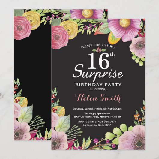 Surprise Floral 16th Birthday Invitation for Women Kaart (Voorkant / Achterkant)