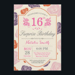 Surprise Floral 16th Birthday Invitation roze Rose Kaart<br><div class="desc">Verrassend Floral 16e verjaardag Uitnodiging. Roze Paarse Oranje Rozen. Vrouwen,  dame,  meisje-dag. 13e 15e 16e 18e 21e 30e 40e 50e 60e 70e 90e 100e,  Alle leeftijden. Voor verdere aanpassing,  te klikken gelieve de knoop "van de Aanpassing het"en ons ontwerphulpmiddel te gebruiken om deze sjabloon te wijzigen.</div>