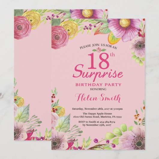 Surprise Floral 18e verjaardag uitnodiging voor vr (Voorkant / Achterkant)