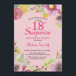 Surprise Floral 18e verjaardag uitnodiging voor vr<br><div class="desc">Surprise Floral 18e verjaardag uitnodiging voor vrouwen. Waterverf bloemen,  roze achtergrond. 16e 18e 21e 30e 40e 50e 60e 70e 80e 90e 100e. Elke leeftijd. Voor verdere aanpassing klikt u op de knop "Aanpassen" en gebruikt u onze ontwerptool om deze sjabloon te wijzigen.</div>