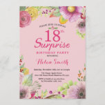 Surprise Floral 18th Birthday Invitation for Women Kaart<br><div class="desc">Verrassend Floral 18e verjaardag Uitnodiging voor vrouwen. Waterverf Floral,  roze achtergrond. 16e 18e 21e 30e 40e 50e 70e 80e 90e 100e. Elke leeftijd. Voor verdere aanpassing,  te klikken gelieve de knoop "van de Aanpassing het"en ons ontwerphulpmiddel te gebruiken om deze sjabloon te wijzigen.</div>