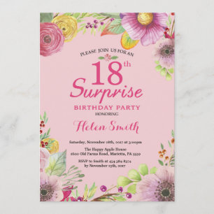 Surprise Floral 18th Birthday Invitation for Women Kaart