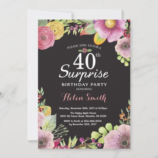 Surprise Floral 40th Birthday Invitation for Women Kaart (Voorkant)