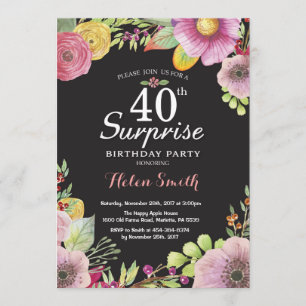 Surprise Floral 40th Birthday Invitation for Women Kaart