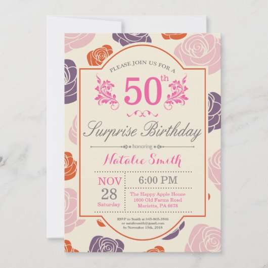 Surprise Floral 50th Birthday Invitation roze Rose Kaart (Voorkant)