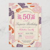 Surprise Floral 50th Birthday Invitation roze Rose Kaart (Voorkant / Achterkant)